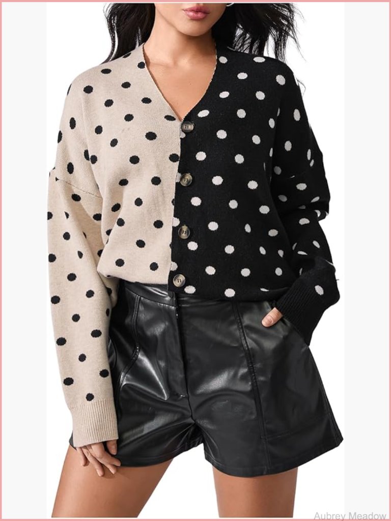 Polka Dot Colorblock Button Up Cardigan Sweater Long Sleeve V Neck Knit